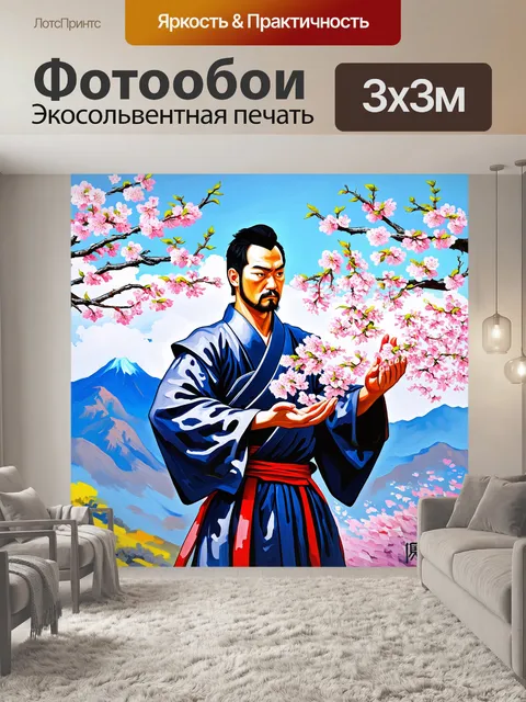 Фотообои самурай, держащий в руках цветущую сакуру, на фоне гор, выполненное в технике акриловой живописи с яркими…