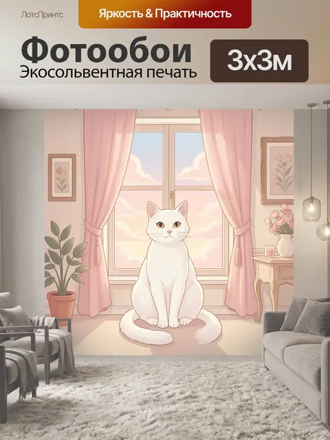 Фотообои Белая кошка у окна