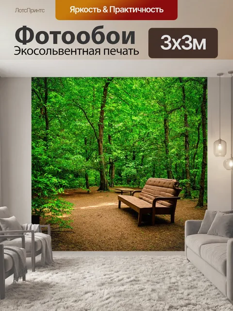Фотообои лес с уютными местами для сидения и отдыха среди зеленых деревьев