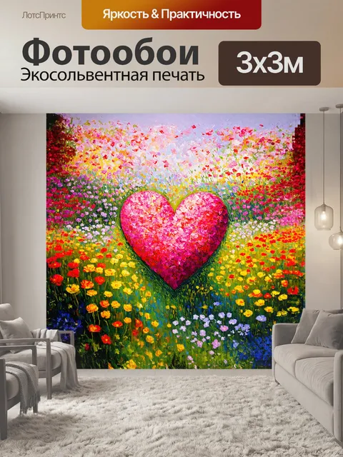 Фотообои сердце в центре цветочного пейзажа
