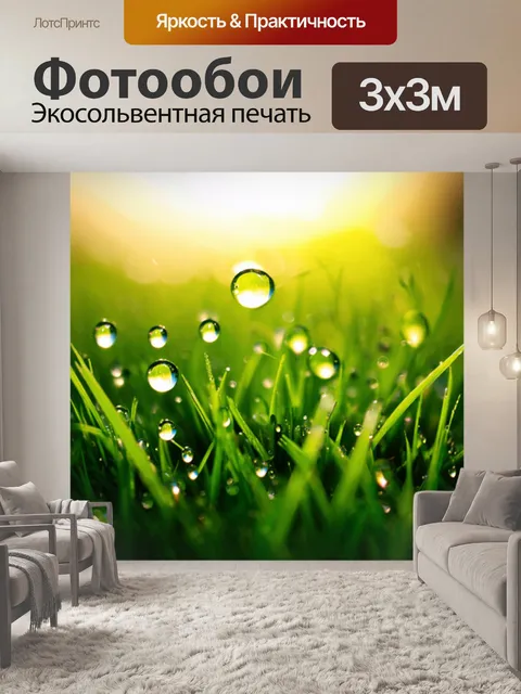 Фотообои летнее утро с росой на траве, где каждый капель отражает свет солнца, создавая магическую атмосферу