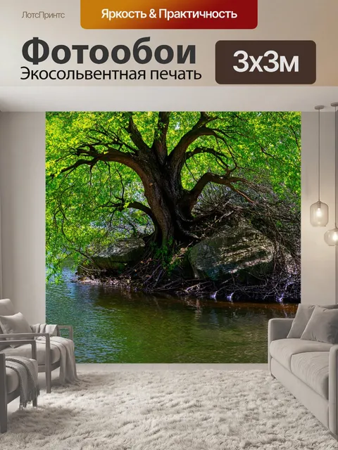 Фотообои на дремучем берегу реки растет старое дерево, его корни пронзают скалы