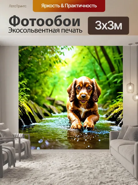 Фотообои щенок кокер-спаниеля играет рядом с весёлой речкой, окружённой зелёными деревьями