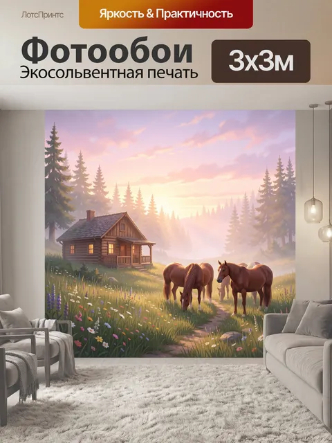 Фотообои Лошади у лесной хижины на рассвете