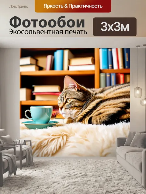 Фотообои кошка, свернувшаяся калачиком на мягком пледе, окруженная книгами и чашкой чая