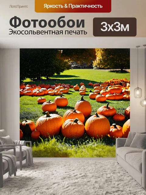 Фотообои плодородный огород, усыпанный нарядными тыквами разных форм и размеров — от больших до небольших, каждая…