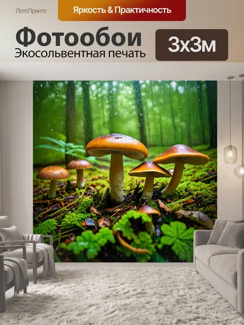 Фотообои грибы лес, пейзаж лесных грибов через призму дождевых капель, игра света и цвета на природе, проявляющая…