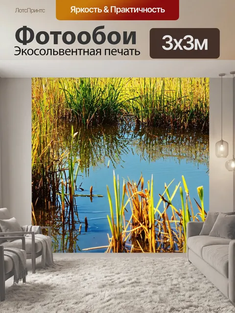 Фотообои природа в стиле джон эверетт милле с тихим прудом, окруженным камышом и тростником, в спокойное летнее утро