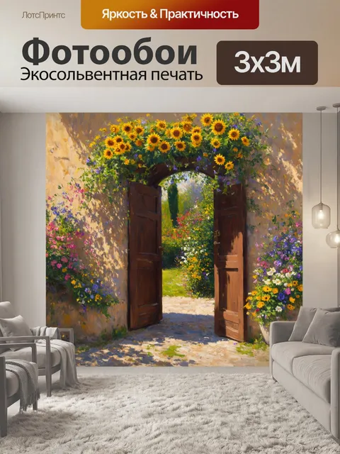 Фотообои прованс: загадочные коричневые ворота, окаймленные дикими цветами, ведут в самую душу провансальского сада