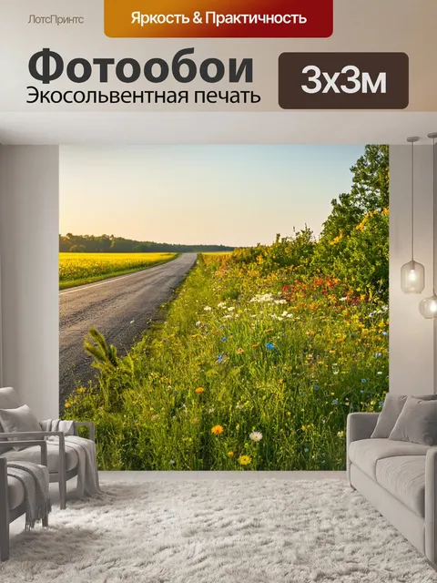Фотообои летнее утро вдоль заброшенной дороги, когда луга распускаются, а ночная роса остаётся