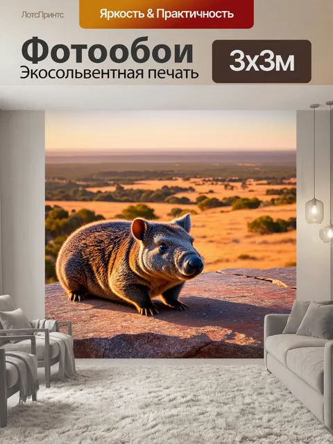 Фотообои вомбат, отдыхающий на каменной террасе, с видом на бескрайний австралийский пейзаж, наполненный…