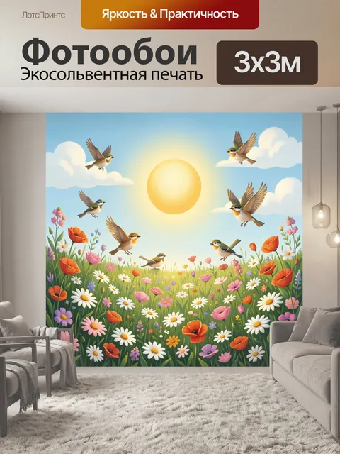 Фотообои Птицы над цветущим лугом