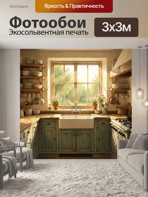 Фотообои Уютная кухня у окна с цветами