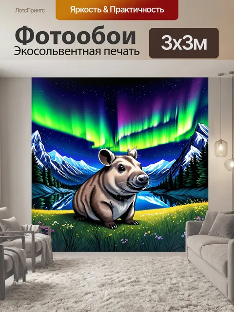 Фотообои вомбат, смотрящий на волшебное свечение северного сияния на фоне высоких гор и чистого неба