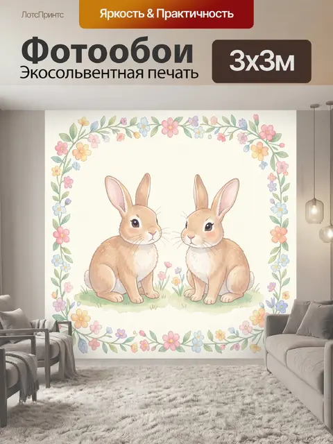 Фотообои Два зайчика в цветочной рамке