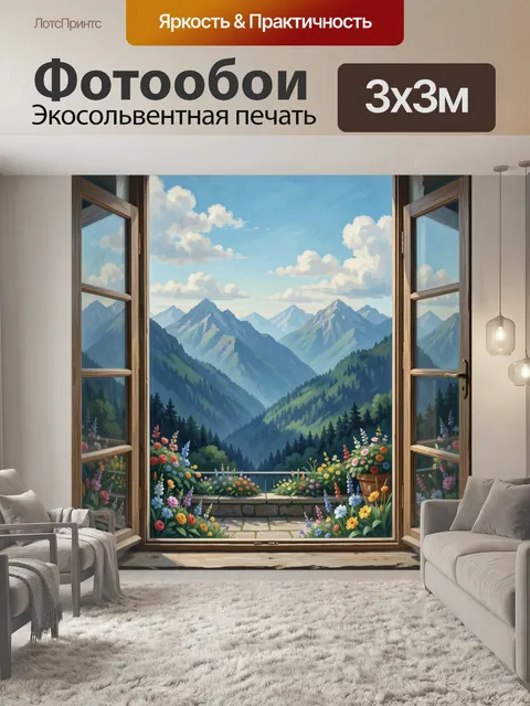 Фотообои Окно в горный пейзаж с цветами