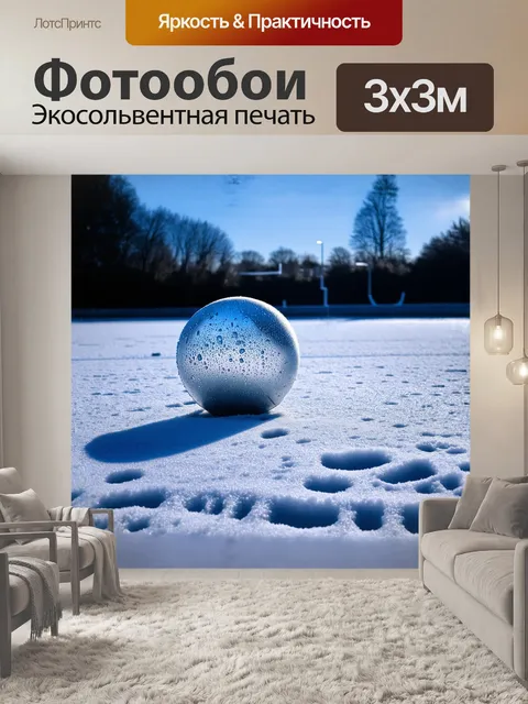 Фотообои зимний день на футбольном поле, покрытом снегом, освещённом мягким солнечным светом