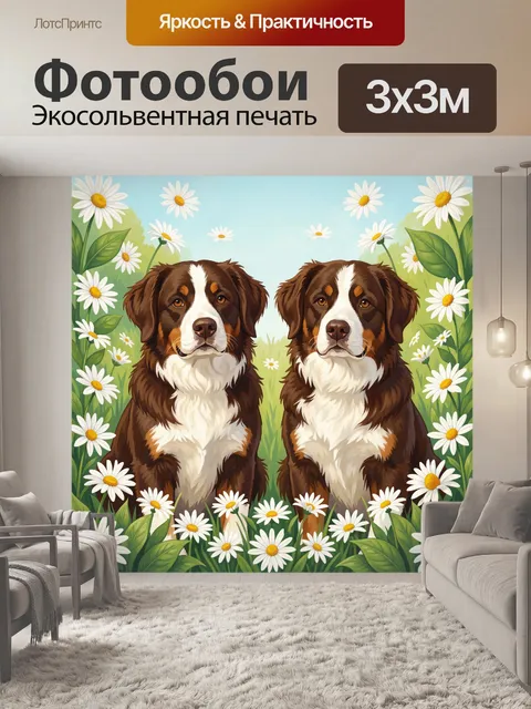Фотообои Две собаки среди ромашек