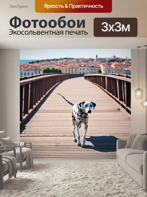 Фотообои далматинец, гуляющий по мосту с захватывающим видом на город, утреннее солнце, умиротворяющий момент