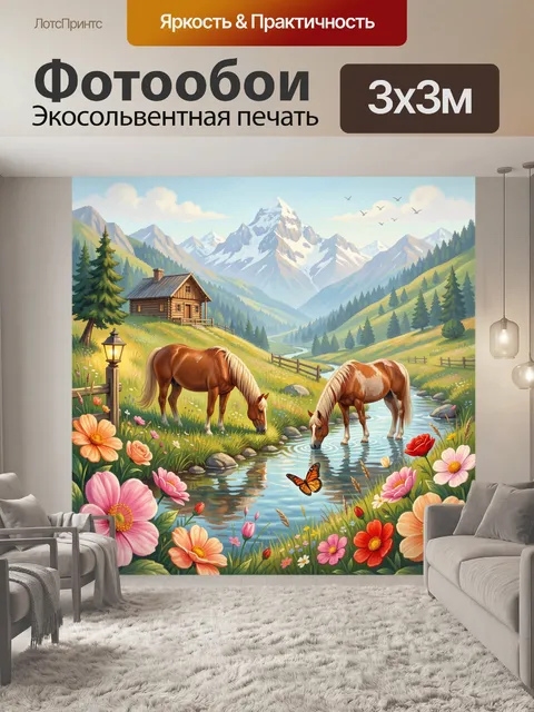 Фотообои Альпийская долина с лошадьми