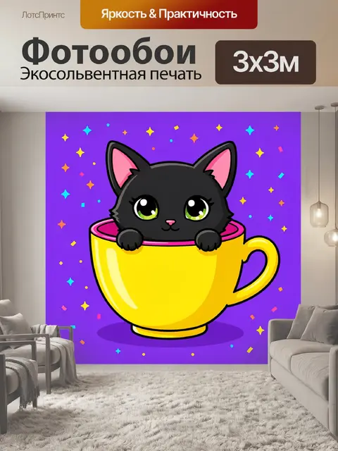 Фотообои Черный котенок в чашке