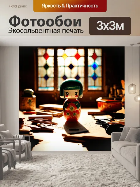 Фотообои кукла кокеши, окруженная различными материалами для рукоделия, расположена на столе в мастерской