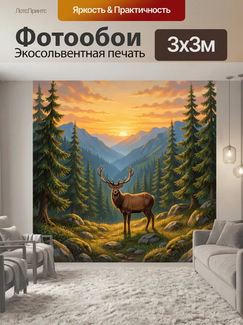 Фотообои Олень в хвойной горной долине