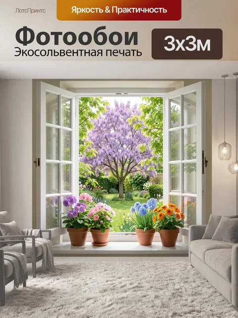 Фотообои Весенний сад за распахнутым окном