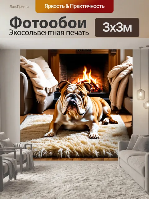 Фотообои большой бульдог лежит на уютном ковре в теплой обстановке домашней гостиной