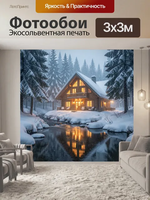 Фотообои Зимний лесной дом у ручья