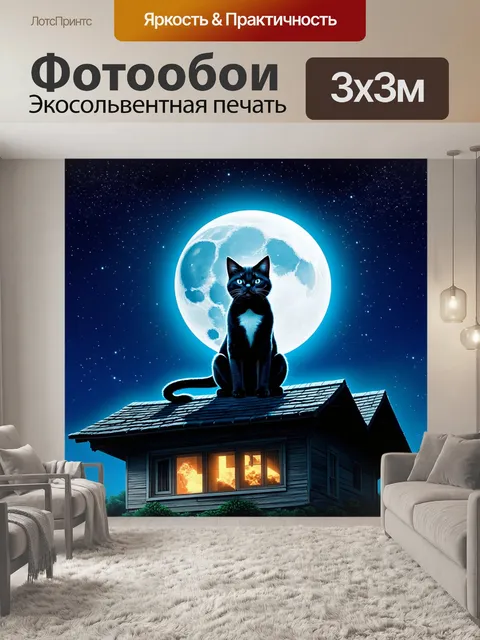 Фотообои кот, находящийся в позе лотоса на крыше старого дома, окруженный звездами и луной