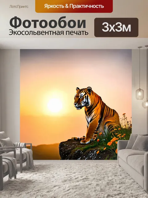 Фотообои с тигром, сидящим на каменистом обрыве с видом на закат, его оранжевый мех переливается в лучах заходящего…