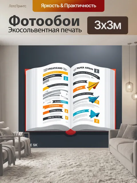 Фотообои открытая книга с иллюстрацией механизма для создания бумажных самолетиков