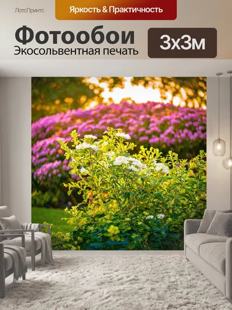 Фотообои цветущий сад, залитый вечерним светом