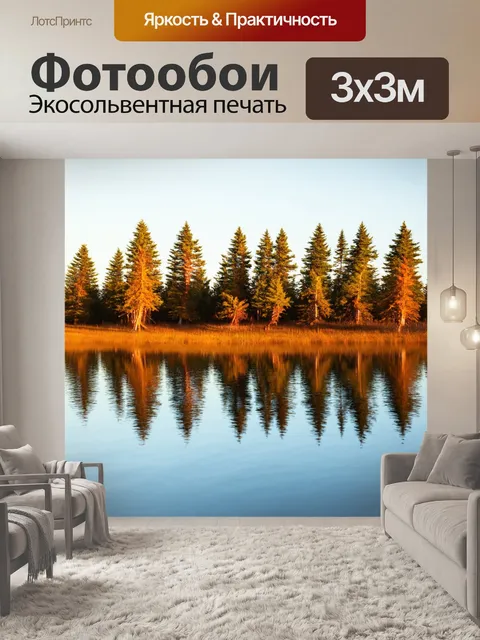 Фотообои группа деревьев, стоящих вдалеке, отражающиеся в спокойном озере, под солнечными лучами