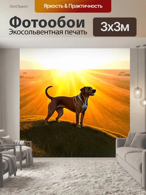 Фотообои лабрадор-ретривер, стоящий на вершине холма во время заката, золотистые лучи солнца озаряют его шерсть и…