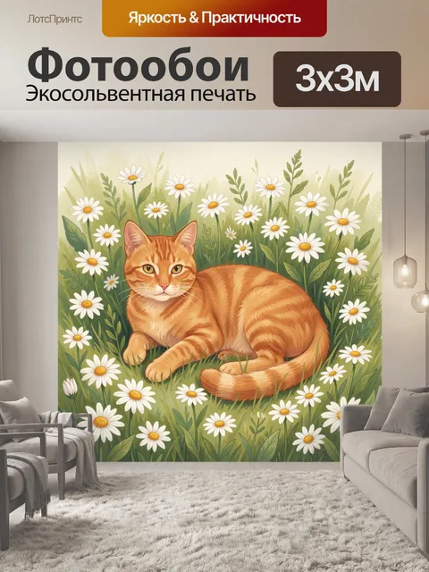 Фотообои Рыжий кот среди ромашек