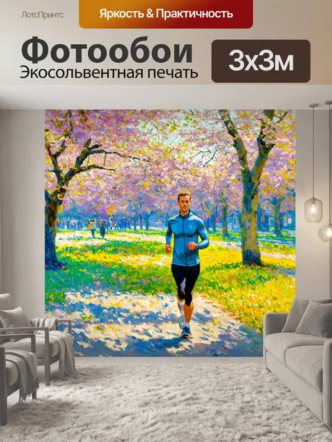 Фотообои город в стиле пьер-огюст ренуар, утренняя пробежка по парку среди цветущих деревьев