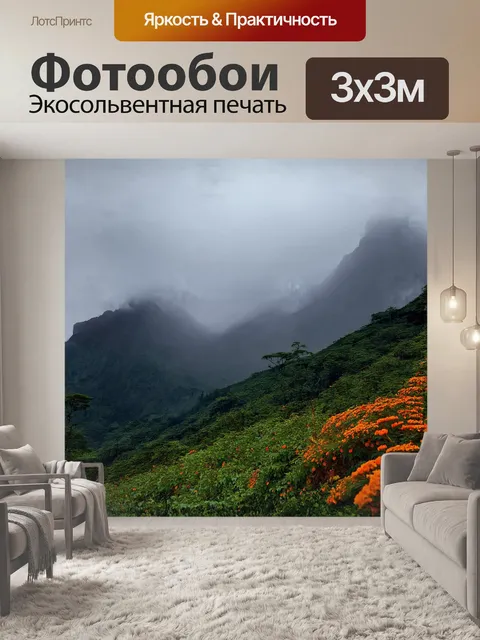 Фотообои горы гималаев, возвышающиеся под густыми облаками, образуют поистине загадочный кустарниковый ландшафт