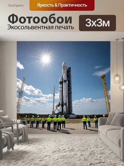 Фотообои ракета, возвышающаяся на стартовой площадке, окруженная командами инженеров и техников, облака на небе и…