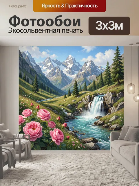 Фотообои Альпийская долина с водопадом