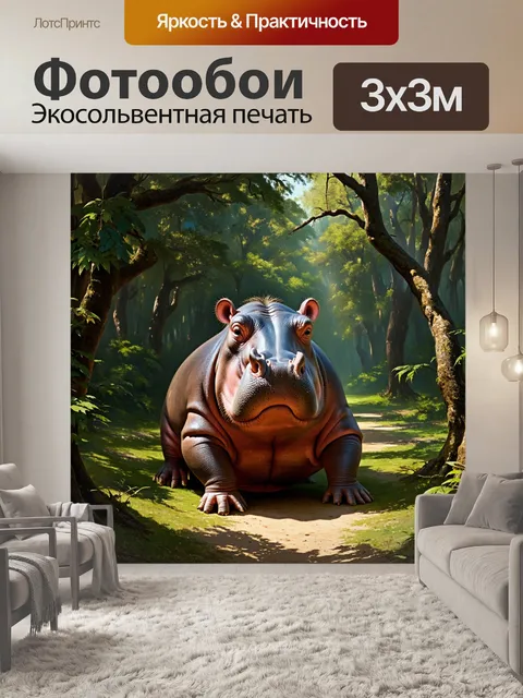 Фотообои в густом лесу, бегемот прячется среди листвы, его мускулистая фигура в гармонии с окружающей природой