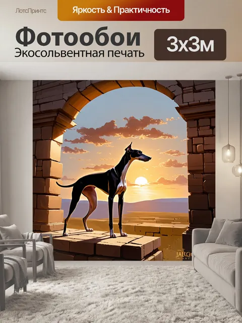 Фотообои борзая, исследующая древние руины на фоне заката, где ее фигура обрисована в последних лучах солнца