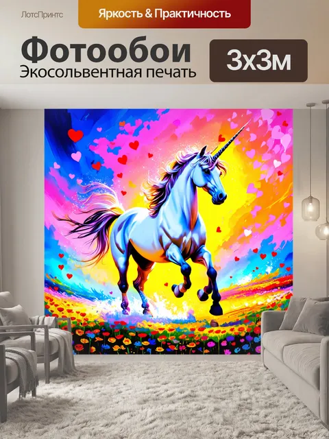 Фотообои создайте сцену единорога, который скачет по цветовому морю с горящими сердце цветами