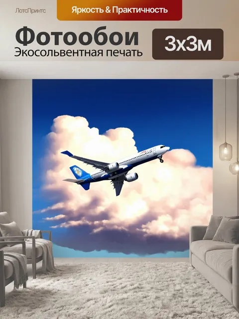 Фотообои самолет в стиле скетч, проникающий через облако, с эффектом пара и капель дождя