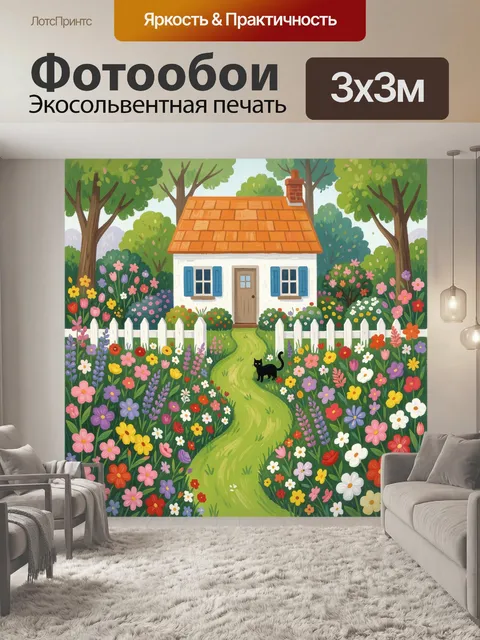 Фотообои Уютный домик в цветущем саду