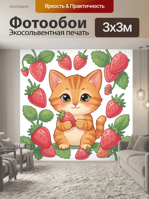 Фотообои Котенок с клубникой в рамке