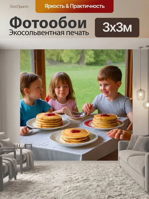 Фотообои россия, блины, домик в деревне, где за столом сидит радостная семья с детьми, наслаждающимися свежими…