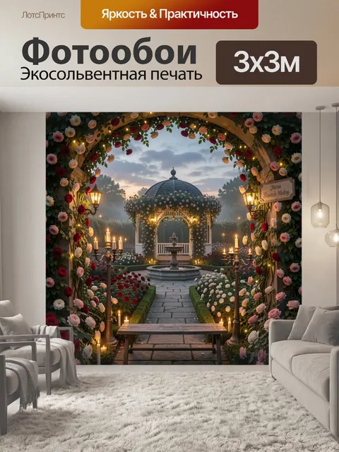 Фотообои Заколдованный романтический розарий в сумерках с белой беседкой