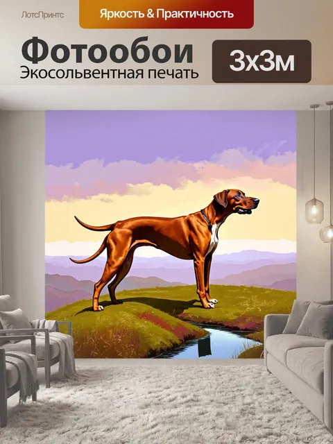 Фотообои родезийский риджбек, стоящий на вершине холма при рассвете, ветер колышет его шерсть